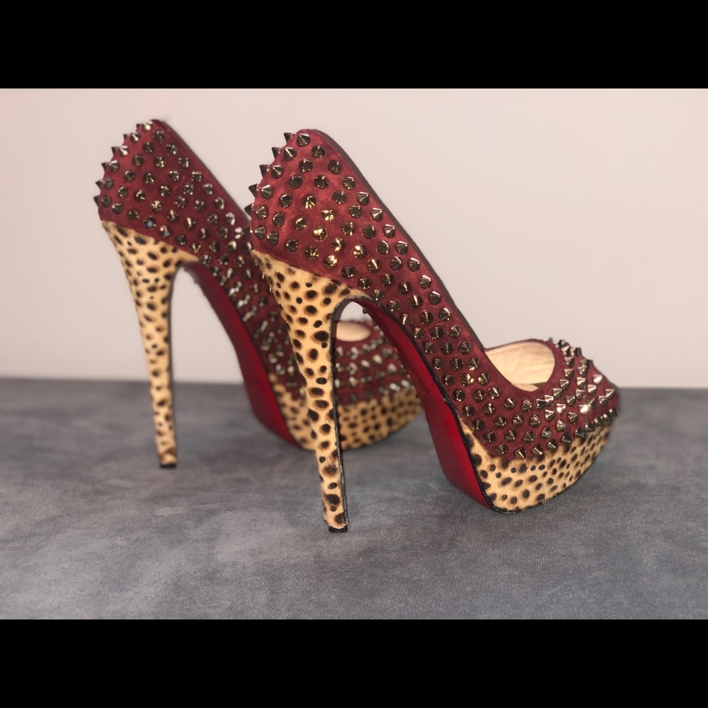 CHRISTIAN LOUBOUTIN Red Suede Gold Studded Spike